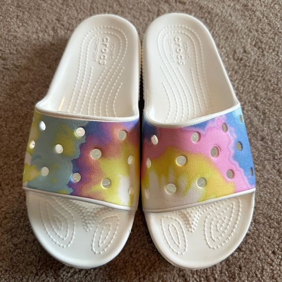 Crocs Classic Iconic Pastel Tie-Dye Pink Yellow Blue Slide Sandals 6 - Picture 2 of 4